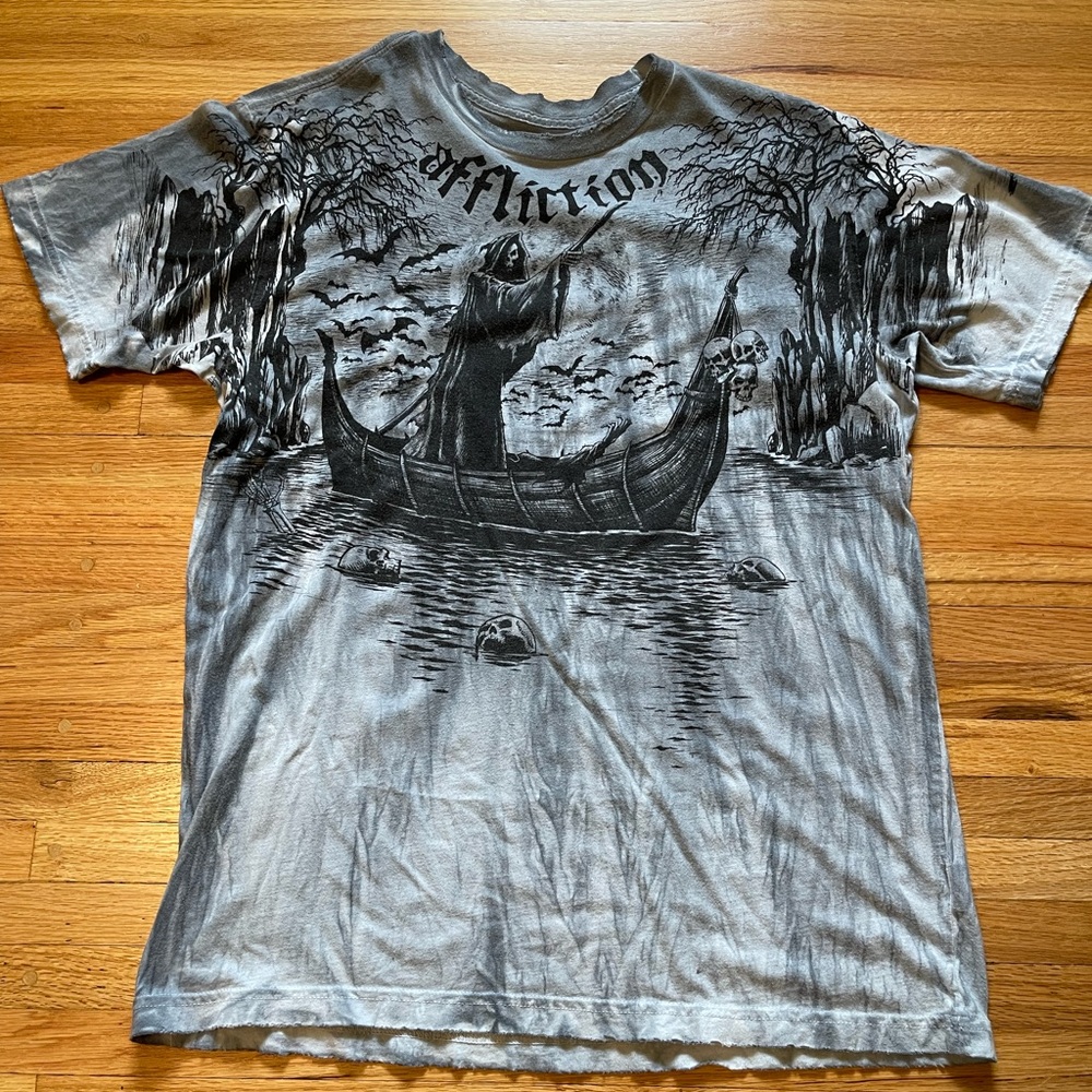 Grim reaper in the river Styx Affliction grunge alt distressed Y2K- grey black